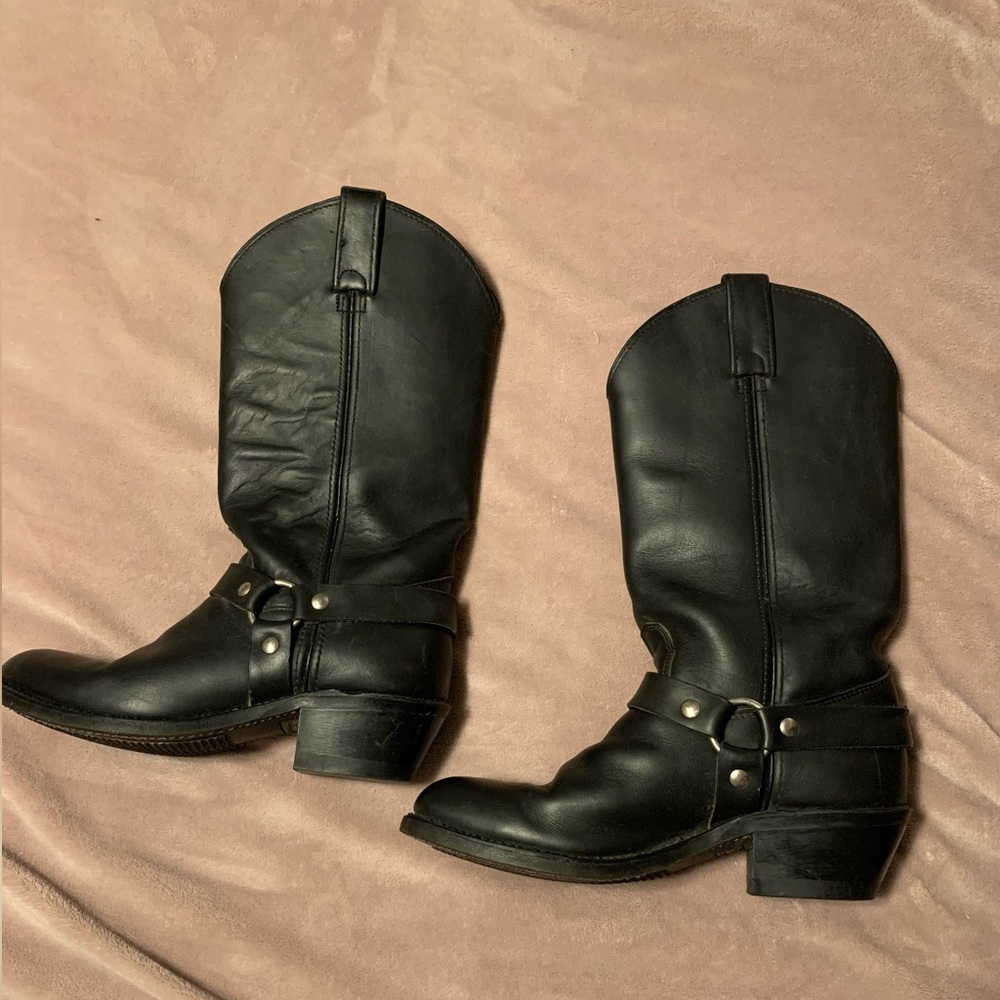Vintage double h black leather Cowboy/motorcycle boots with harness detail